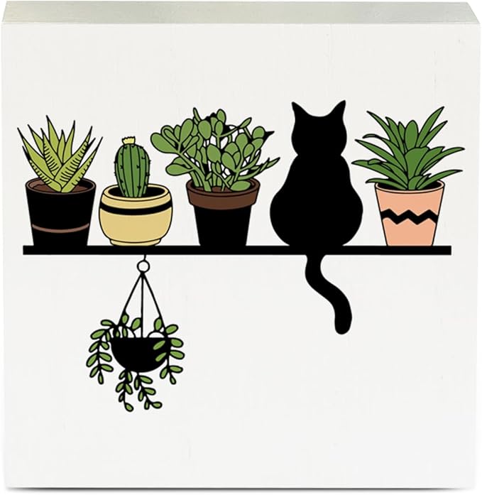 Cats and Plants Lover Gift, Gardening Gifts for Women Rustic Garden Decor Wooden Box Sign Block Plaque Gardener Planter Plant Lover Gifts for Home Farmhouse Garden Bedroom Decor