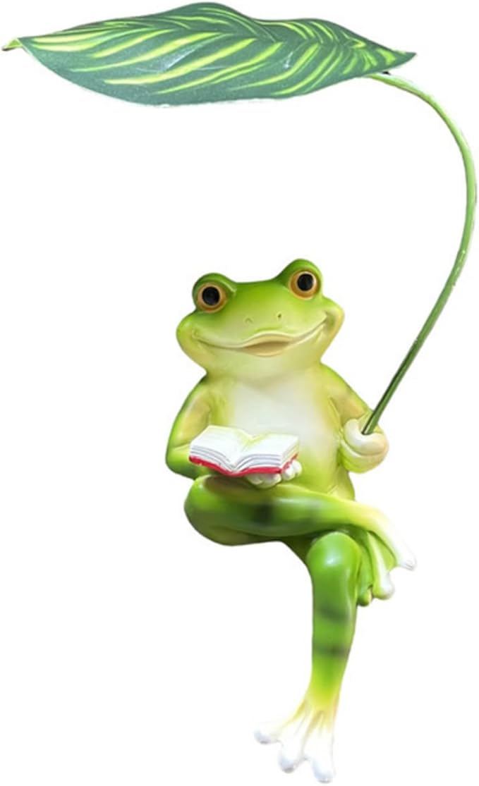 OwMell Frog Statue for Garden, Green Frog Figurine for Outdoor Decor Yard and Garden Decoration Resin Sculpture 6 Inches - Book & Leaf