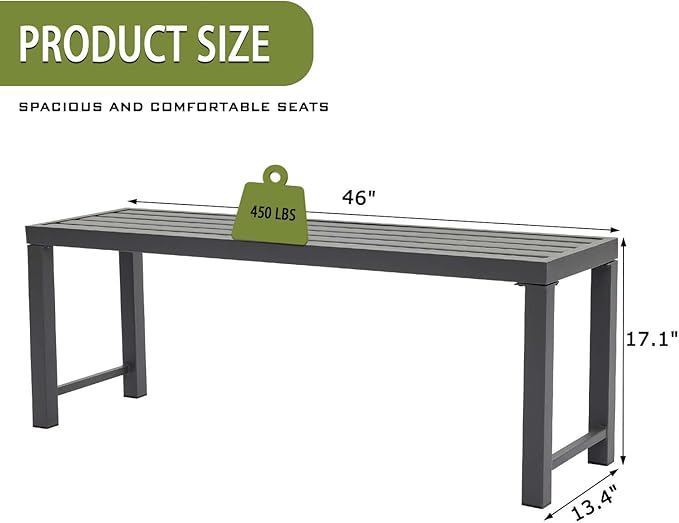 Outdoor Metal Backless Bench Weatherproof Patio Bench with Slatted Seat, All-Weather Garden Bench for Porch, Patio, Lawn and Backyard, Grey