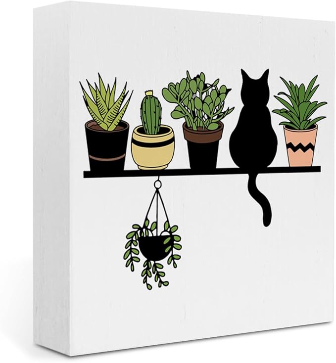 Cats and Plants Lover Gift, Gardening Gifts for Women Rustic Garden Decor Wooden Box Sign Block Plaque Gardener Planter Plant Lover Gifts for Home Farmhouse Garden Bedroom Decor