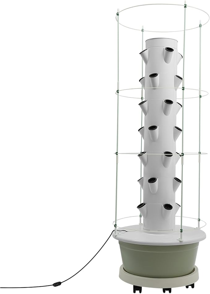 Hydroponic Growing Tower with Climbing Trellis, 30L Water Tank & Automatic Timer, Indoor Outdoor Vertical Garden System for Vegetables Herbs Strawberries (Light Green - 28 Holes)