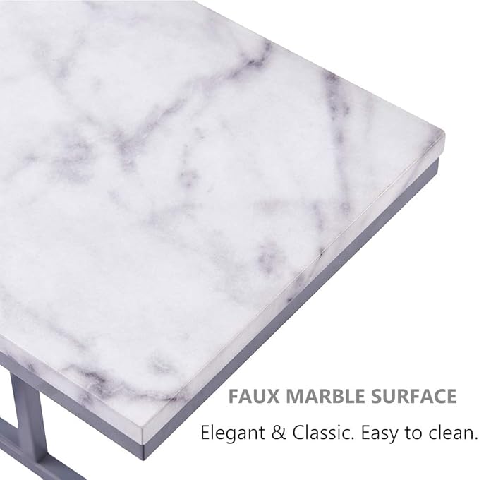 ROSEN GARDEN C-Shape Side End Table, Faux Marble Tray Snack Table with Metal Frame, Laptop Coffee Holder, Modern Furniture (Silver)