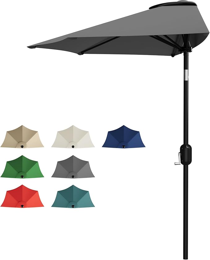 Garvee Patio Umbrella 9FT - Half Umbrella Outdoor with Smooth Crank Lift, Outdoor Shade Canopy for Patio, Backyard, Garden, Deck, Balcony -Gray