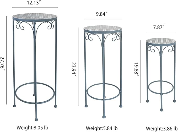 Metal Plant Stand Set of 3 Round Ceramic Top 28" Tall Mosaic Flower Stand Tile Nesting Display Side Table Indoor Outdoor Plant Rack Flower Holder for Wedding Party Patio Living Room Frame Stackable Garden Accessory Decorative Blue