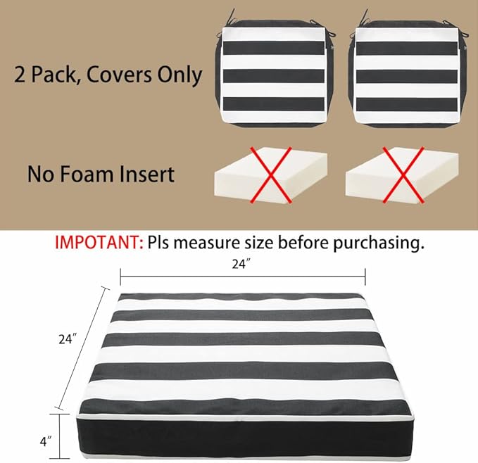Magpie Fabrics Indoor Outdoor Cushion Cover Replacement 2 Pack, NO Insert! Water Repellent Slipcover with Ties Christmas Decor for Patio Garden Chair Seat Sofa Bench Wicker(Black White, 24x24x4 Inch)
