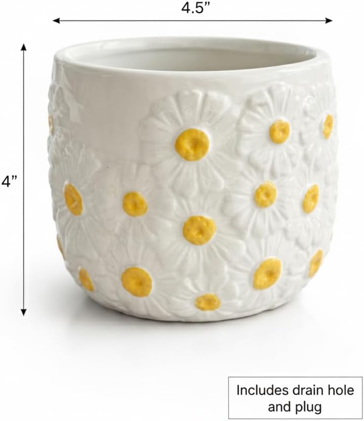 Arktiva 4.5 Inch Ceramic Planter Pot with Drainage Hole-Indoor Outdoor Flower Pot for Houseplants, Succulents & Flowers, Home Decor, Daisy Pattern