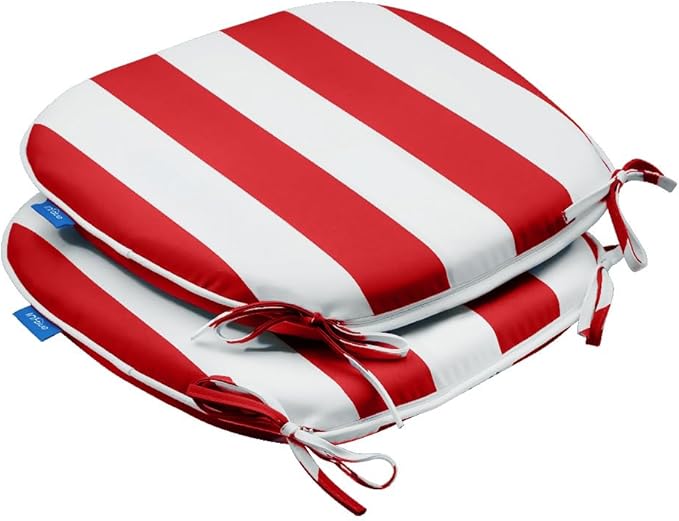 SleepMan Outdoor 17"x16" Chair Cushions with Ties Set of 2, Water Resistant All Weather U-Shape Seat Pads for Patio Garden Furniture Indoor Fade Resistant Patio Cushions (Red Stripe)