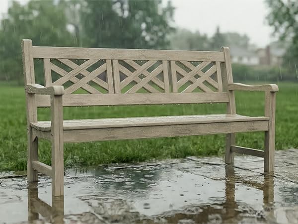 Psilvam 63''W All-Weather Poly Lumber Outdoor Bench – Teak Color, 3-Person Garden Bench with Decorative Backrest & Curved Armrests, Anti-Rot & Fade-Free Patio Bench for Porch, Backyard, and Park(Grey)