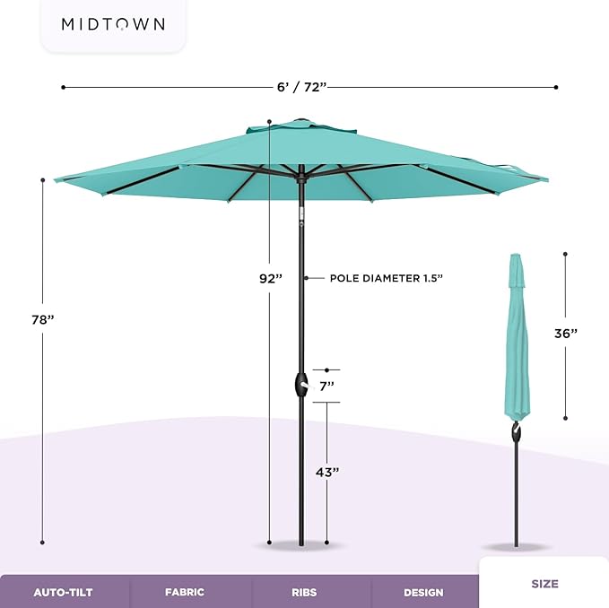 Midtown Umbrellas - 10-Year-No-Fade 6 Ft Patio Umbrella with Terylast Fabric, Auto-Tilt Aluminum Frame and 8 Reinforced Ribs for Deck, Pool, Garden & Beach - Green/White Stripes Canopy, Black Pole