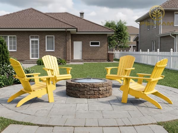 Psilvam Adirondack Chair, Oversized Poly Lumber Fire Pit Chair with Cup Holder, 350Lbs Support Patio Chairs for Garden, Weather Resistant Adirondack Chair Looks Like Real Wood (4, Yellow)