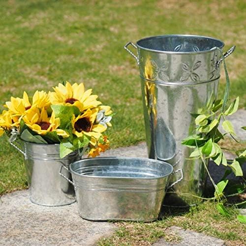 Hosley Set of 3 Galvanized Oval Planters 8 Inches Long with Handles, Rustic Charm for Floral Arrangements Indoor and Outdoor Gardening D cor