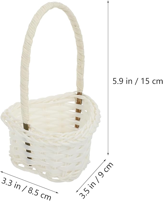 DOITOOL Flowers 6pcs Wicker Rattan Flower Basket with Handle- White Mini Flower Girl Basket- Small Woven Basket for Hanging Decoration, Storage, Wedding (Heart/ 3.54x3.34x5.89inch) Bulk Candy