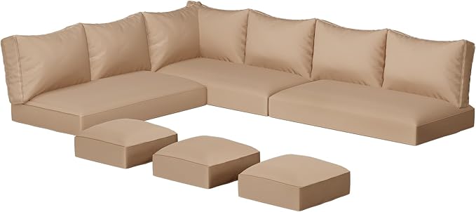 U-MAX Outdoor Cushions, 4 inch Memory Foam Patio Replacement for Outdoor Furniture, Fits 7-Seats Sectional Rattan Conversation Set, Splashproof Covers (Beige)