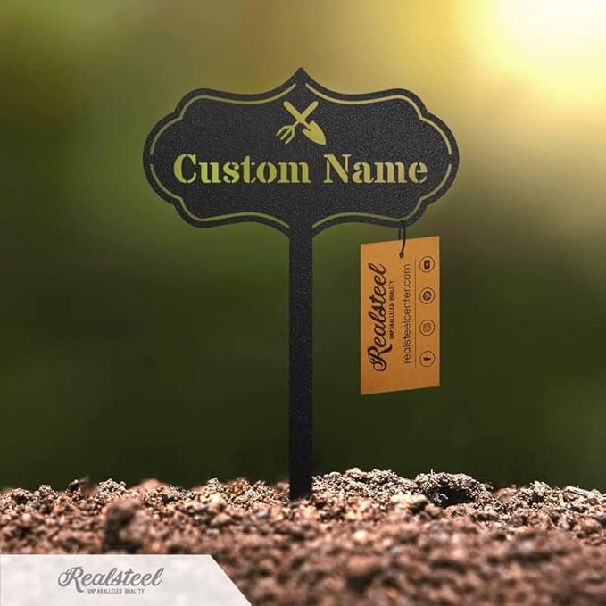 RealSteel Custom Seed & Plant Markers – Metal Garden Stakes for Herbs, Fruits & Vegetables | Elegant Steel Plant Labels for Pots, Raised Beds & Outdoor Gardens | Farmhouse & Greenhouse | Sprout Icon