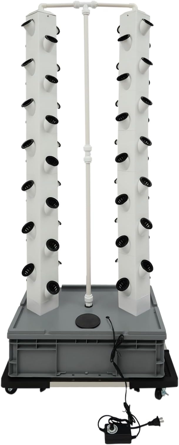 56-Plant Hydroponic Tower Growing System Indoor Outdoor, Garden Vertical Planter Germination Kit with Pump & Wheels, Hydroponics Growing Tower, Smart Vertical Hydroponic Garden Towers, Grey Base