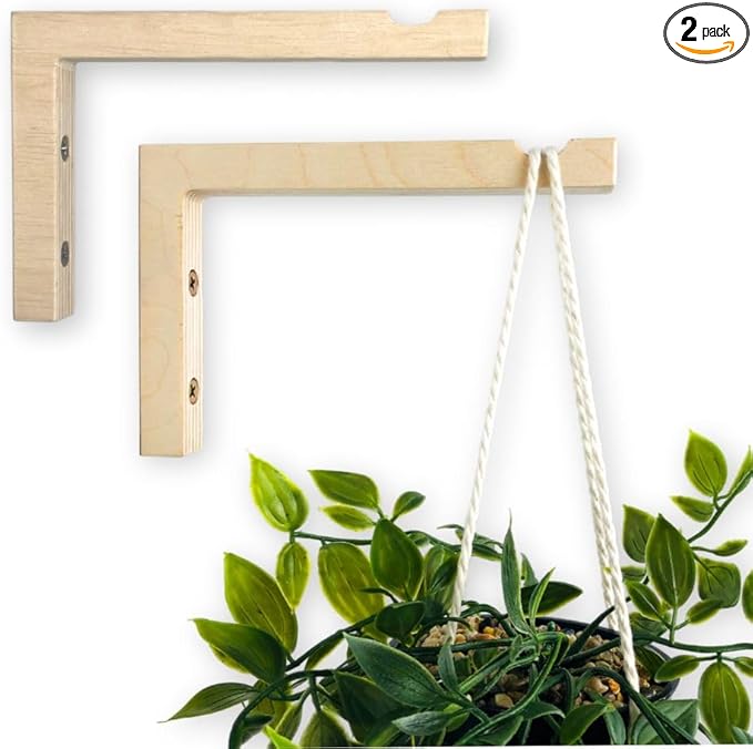 EvenWood 2-Piece Set of Plant Hooks for Wall 6 Inch - L-Shaped Mounted Wooden Plant Hook - Indoor and Outdoor Bracket Plant Hanger for Planters, Lanterns, Bird Feeders and Plant Basket (Natural)