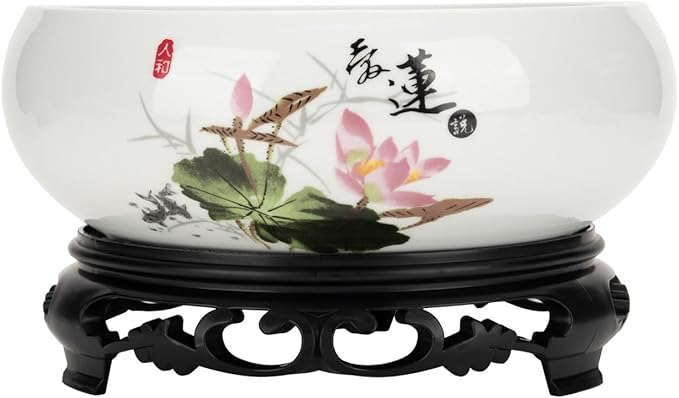 Lotus Bowl Planter - Ceramic Pots for Plants with Stand for Hydroponic Water Lilies & Bonsai Trees, Bonsai Pots Indoor/Outdoor Décor - Zen Garden & Home Art Display (White, Medium)