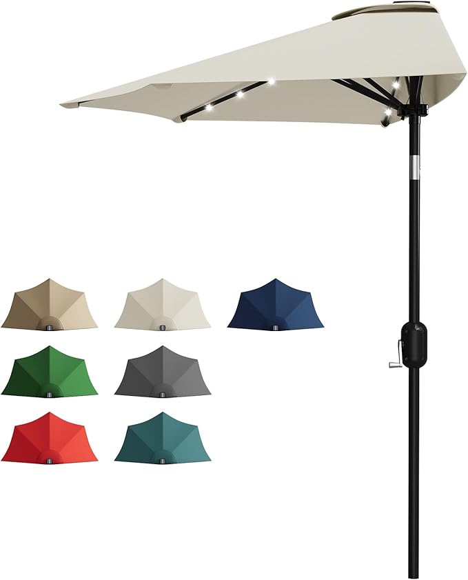 Garvee Patio Umbrella 9FT - Half Umbrella Outdoor with Solar LED Lights and Smooth Crank Lift, Outdoor Shade Canopy for Patio, Backyard, Garden, Deck, Balcony -Beige