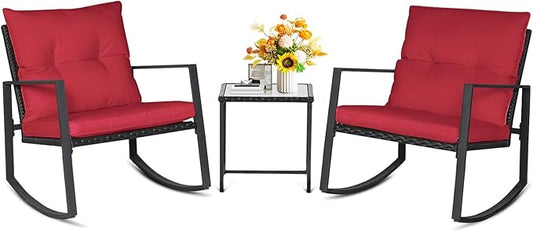 SUNCROWN 3 Piece Outdoor Rocking Bistro Set Black Wicker Furniture Porch Chairs Conversation Sets with Glass Coffee Table, Red