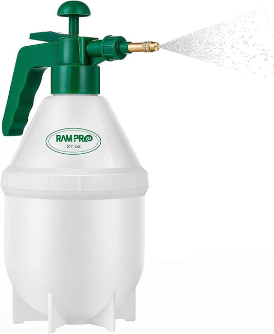 Garden Pump Sprayer, Handheld Bottle Mist Water Sprayer, Hand Pressure Home Cleaning Plant Lawn Sprayer w/ Safety Valve & Adjustable Bronze Nozzle, 1 Liter/1 QT/.26 Gallon/34 Ounces/1000 ml –By Rampro