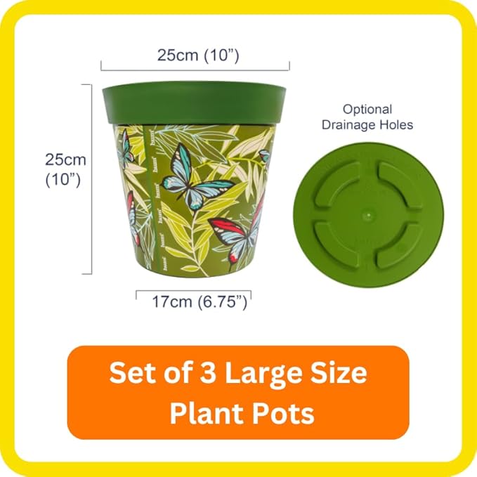 Hum Flowerpots, 10 inch Set of 3, Various Patterns Colors and Sizes, Indoor/Outdoor Plastic Plant Pots (Green Butterfly Palms)