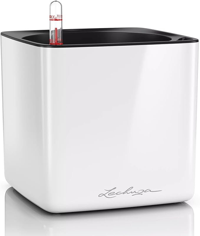 Lechuza Cube Glossy 16 Cream White High Gloss, Self-Watering Indoor Small Plant Pot, H6.3 L6.7 W6.7 in