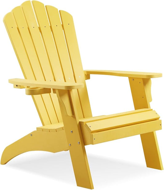 Psilvam Adirondack Chair, Oversized Poly Lumber Fire Pit Chair with Cup Holder, 350Lbs Support Patio Chairs for Garden, Weather Resistant Outdoors Seating, Relaxing Gift for Father & Mother (Yellow)