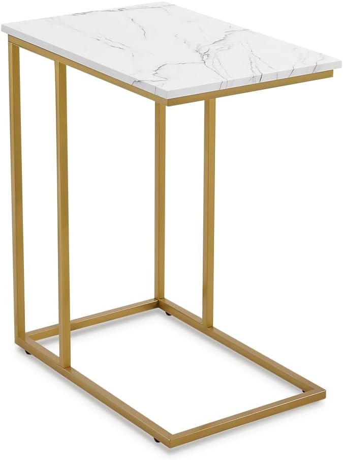 ROSEN GARDEN C Shaped Side Table End Table for Couch, Gold Side End Table with White Faux Marble Top, Modern Living Room Tray Table