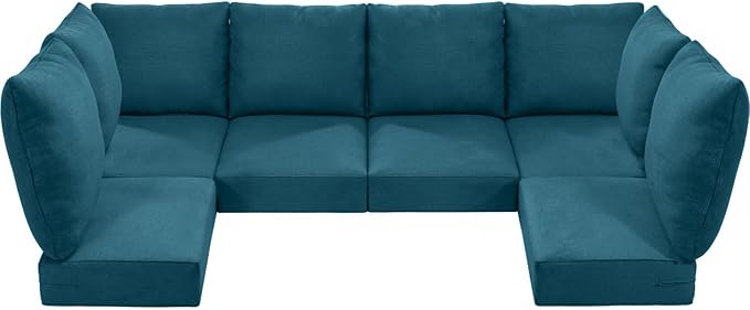 Luxury 24x24x6 Outdoor Seat Cushions for 6-Seat Sectional Sofa Set of 6 - Water-Repellent 14-Piece Patio Cushion Set for Outside Rattan Loveseat Chair L-Shape Couch - Peacock Blue/Classic
