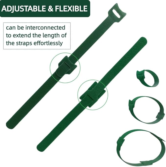 Green, Reusable, 100PCS, 6 - Inch Adjustable Anti - Slip Nylon Plant Ties & Straps Featuring Hook and Loop Fasteners - Optimal for Climbing Plants Support and Christmas Garland Ties