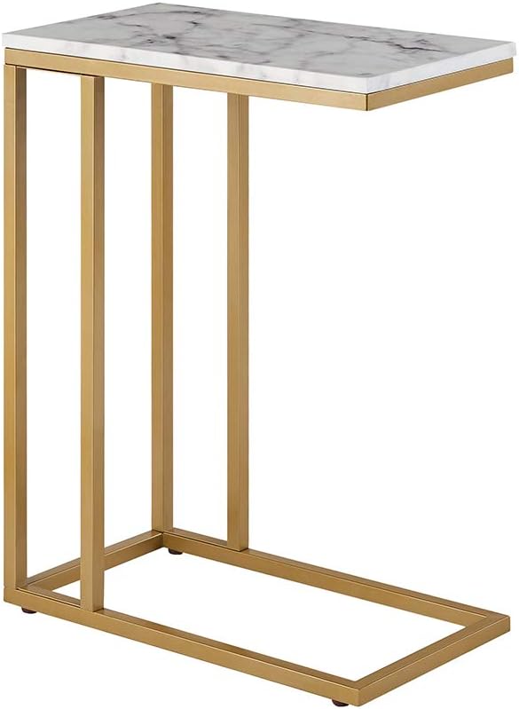 ROSEN GARDEN C-Shape Side End Table, Gold Faux Marble Tray Snack Table with Metal Frame, Laptop Coffee Holder, Gold Modern Furniture