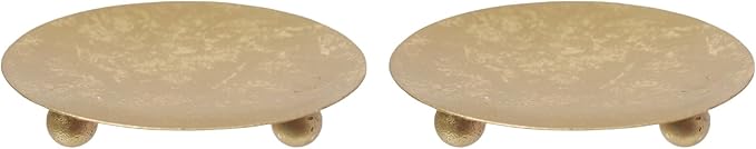 Hosley Set of 2 Gold Iron Pillar Candle Holder Plates – 4-Inch Decorative Round Trays for Pillar Candles – Ideal for Weddings, Special Occasions, Home Décor, and Pedestal Displays