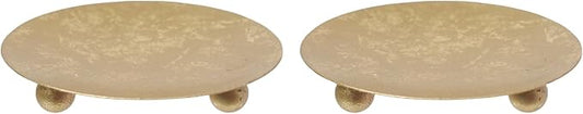 Hosley Set of 2 Gold Iron Pillar Candle Holder Plates – 4-Inch Decorative Round Trays for Pillar Candles – Ideal for Weddings, Special Occasions, Home Décor, and Pedestal Displays