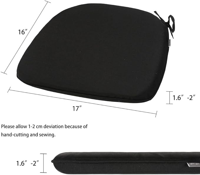 Magpie Fabrics Outdoor/Indoor 17"x16"x2" Chair Cushions with Ties Set of 2, Waterproof All Weather U-Shape Seat Pads Decoration for Patio Garden Furniture Home Office (Black)