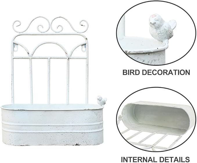 Vintage Rustic Wall Planter Distressed Decor Iron Hanging Plant Basket Shabby Metal Wall Mounted Flower Holder Pot Stand for Indoor Outdoor Home Balcony Patio Farmhouse Garden Decorative White