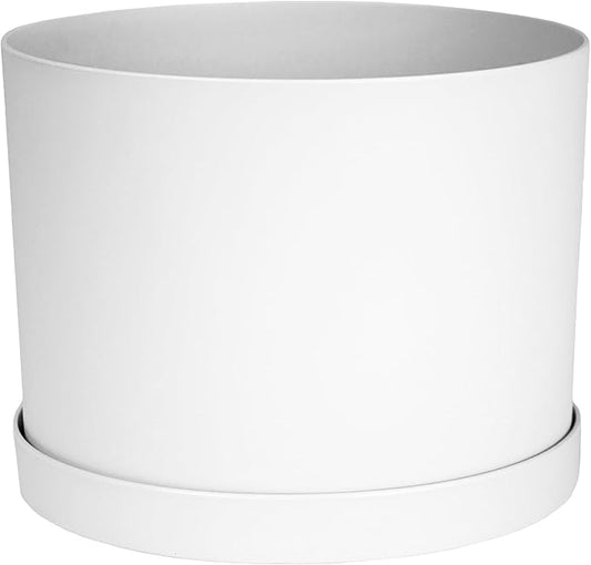Bloem Mathers 8" White Round Modern Resin Garden Planter Pot with Drainage Holes and Removable Saucer Tray Included