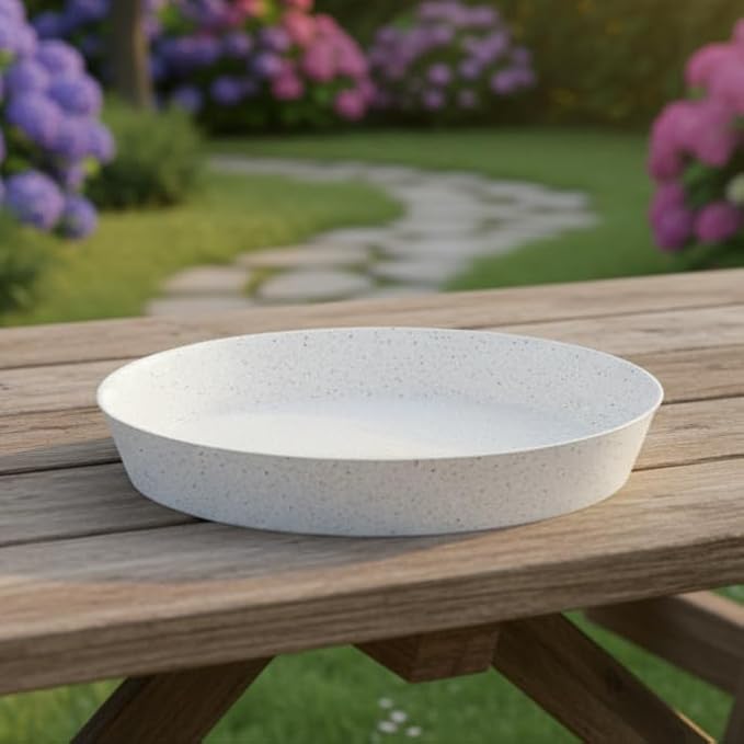 8 inch (6.3" Base) Case of 5 Plant Saucers - White Granite Colored Polypropylene,Heavy Duty Indoor/Outdoor Pan,Collects Flower Pot Drainage and Excess Water, Made in USA