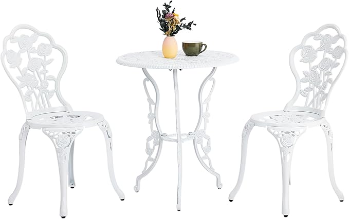 Outvita Patio Table and Chairs Set, Cast Aluminum Outdoor Cafe Table and Chairs Set of 3, Stability Patio Bistro Sets with Umbrella Hole for Garden, Patio, Balcony, Rose Pattern White