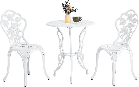 Outvita Patio Table and Chairs Set, Cast Aluminum Outdoor Cafe Table and Chairs Set of 3, Stability Patio Bistro Sets with Umbrella Hole for Garden, Patio, Balcony, Rose Pattern White