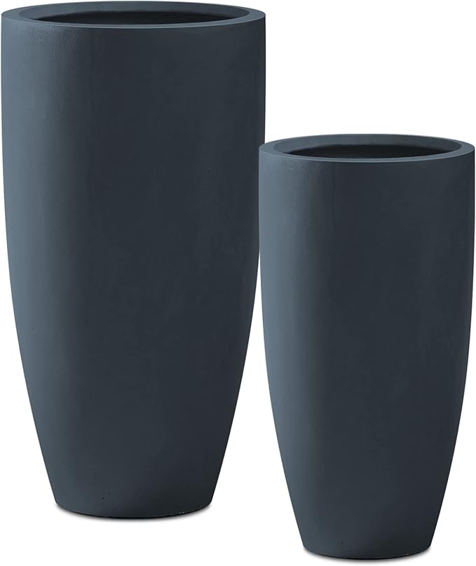 Kante 31.4" and 23.6" H Charcoal Finish Concrete Tall Planters Large Outdoor Indoor Decorative Plant Pots with Drainage Hole and Rubber Plug, Modern Tapered Style for Home and Garden