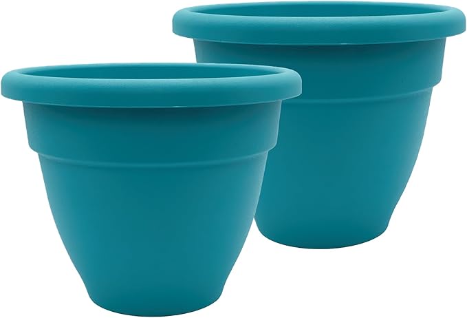 The HC Companies 16 Inch Caribbean Planter Pots with Drainage & Plug, Rolled Rim Plastic Planters for Indoor & Outdoor Plants, 2-Pack Decorative Flower Pots for Garden, Office & Home Decor, Dusty Teal