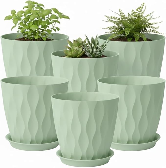 Plant Pots 8 Inch, 6 Pack Plastic Flower Pots for Indoor & Outdoor Plants, Planters with Drainage Holes and Saucer, Garden Pot for Plants (Green)
