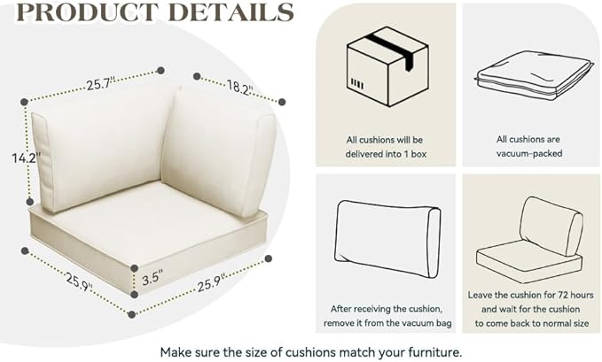 Patio Cushions for Outdoor Furniture,Water-Resistant Outdoor Cushions for 6 Seat Outdoor Sectinal,25.3"×25.3" Deep Seat Sofa Cushions, 14-Piece Outdoor Couch Cushions,Cream White