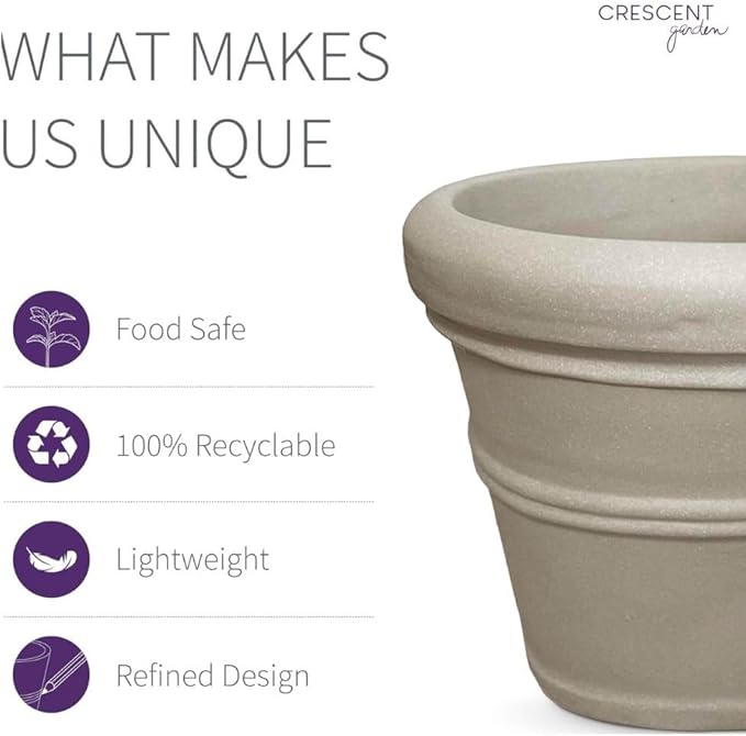 Crescent Garden Brunello Classic Rolled Rim Planter Pot, Indoor/Outdoor Plastic Round Pot - Traditional Planter for Herbs, Plants, Houseplant -14'' (Parchment)