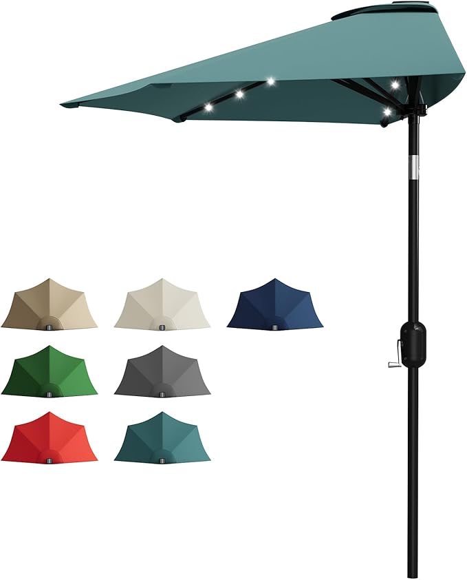 Garvee Patio Umbrella 9FT - Half Umbrella Outdoor with Solar LED Lights and Smooth Crank Lift, Outdoor Shade Canopy for Patio, Backyard, Garden, Deck, Balcony -Turquoise