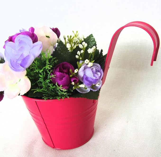 Vintage Hanging Cup Holders with Removable Hooks -5 Pack Metal Iron Buckets Hanging Flower Pots Wall Fence Hanging Planter-Storage Box, Drainage Holes -5''Diameter Vase Decoration (Multicolour)