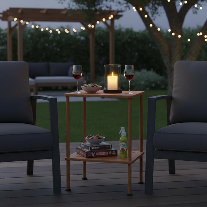 Bamboo Adirondack Square Outdoor Side Table, Bamboo 2-Tier Storage Patio Side Table, 16" Outdoor End Tables, Weather Resistant End Table for Backyard Pool Porch Patio Garden Lawn Beach - Brown