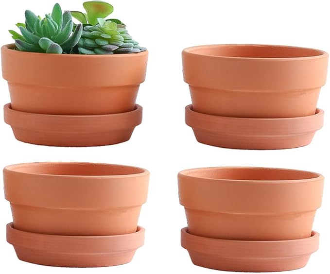 Yishang 6 Inch Terracotta Shallow Planters with Saucer/Tray,Ceramic Flower Clay Plant Pots with Drainage Hole,Unglazed Cactus/succlent Plant Containers Indoor Garden Bonsai Pots