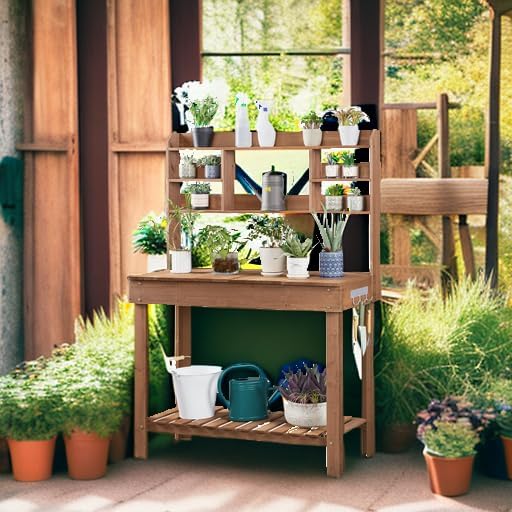 Yaheetech Potting Bench Table Horticulture Germination Table & Outdoor Garden Work Bench Platform w/Display Rack/Storage Shelf/Hanger/Thoughtful Sink Brown