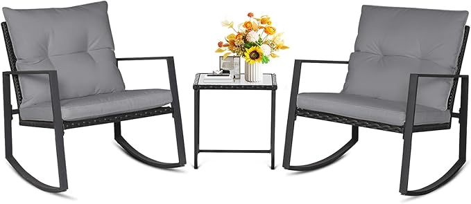 SUNCROWN 3 Piece Outdoor Rocking Bistro Set Black Wicker Furniture Porch Chairs Conversation Sets with Glass Coffee Table, Dark Grey